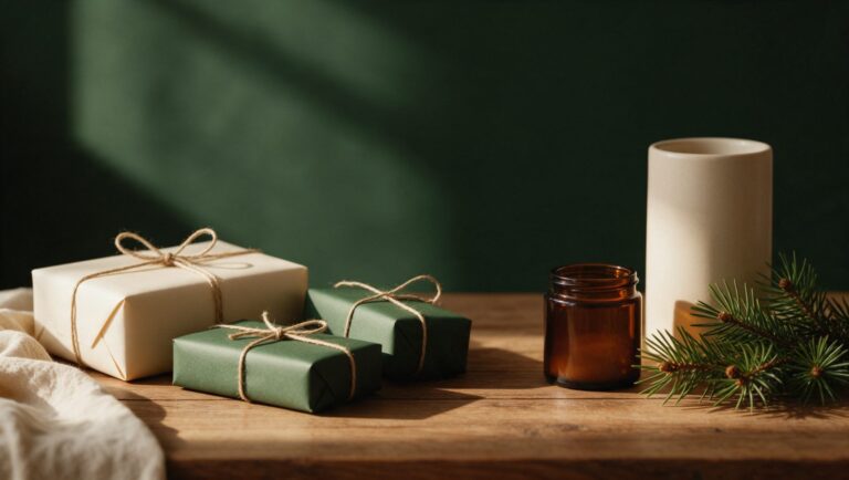 Three gift boxes wrapped in cream and green paper with twine beside an amber jar and pine sprigs