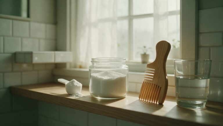 A scoop and a jar of white creatine powder beside a wooden comb and a glass of water on a bathroom shelf