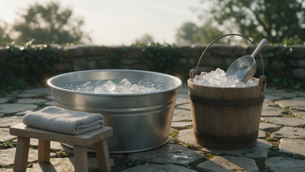 A round galvanized tub of icy water beside a wooden bucket of ice cubes on a stone patio