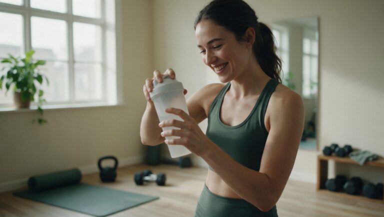 Woman shaking a shaker bottle after a home workout