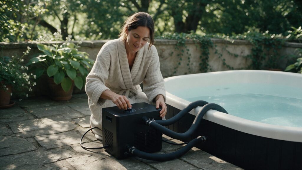 Woman in a robe adjusting the dial of a water chiller connected to a cold plunge tub