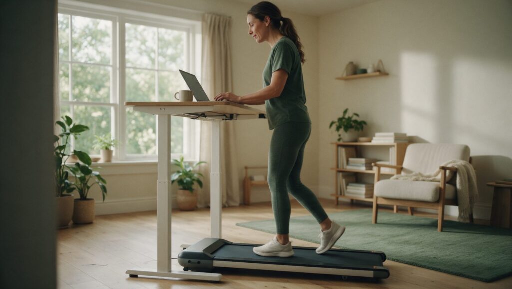 Woman walking on a walking pad under a standing desk while working on a laptop