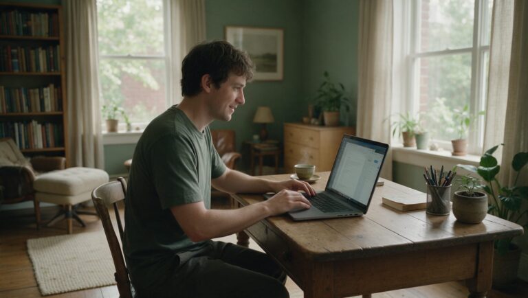 Young man working focused at a laptop with a cup of green tea
