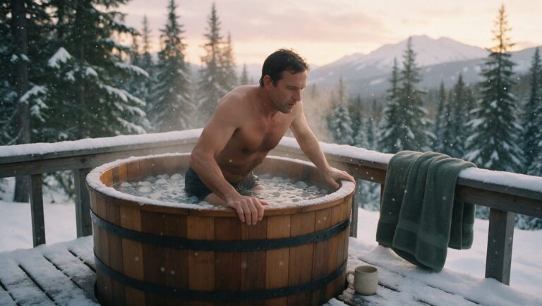Man lowering himself into an ice-filled wooden cold plunge barrel on a snowy deck at sunrise