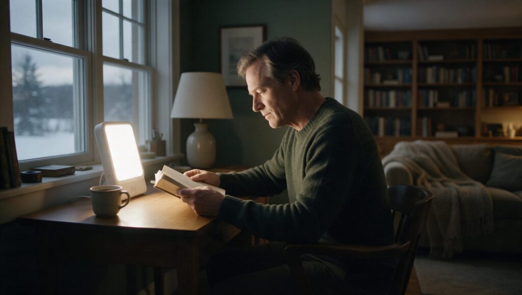 Man reading beside a bright light therapy lamp on a dark winter morning