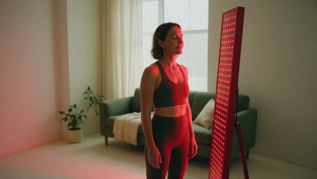 Woman standing in front of a red light therapy panel in a calm room
