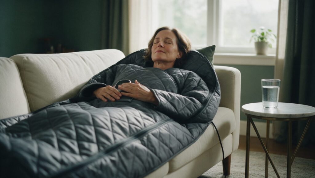 Woman resting inside a quilted sauna blanket on a sofa, a glass of water beside her