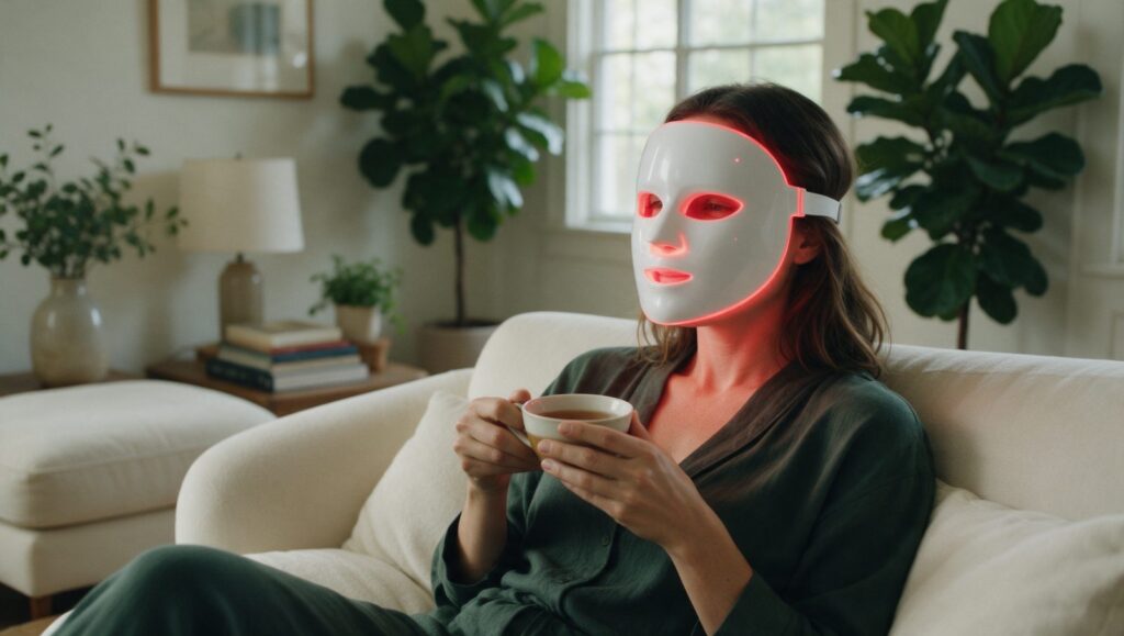 Woman wearing an LED face mask while relaxing on a sofa with a cup of tea