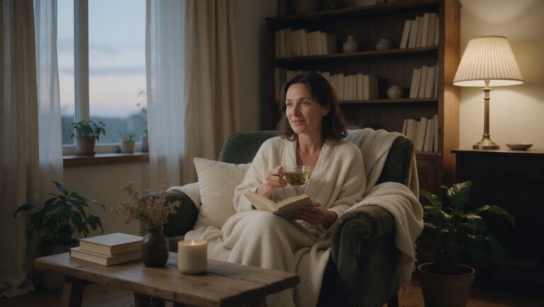 Woman relaxing in an armchair in the evening with herbal tea and a book