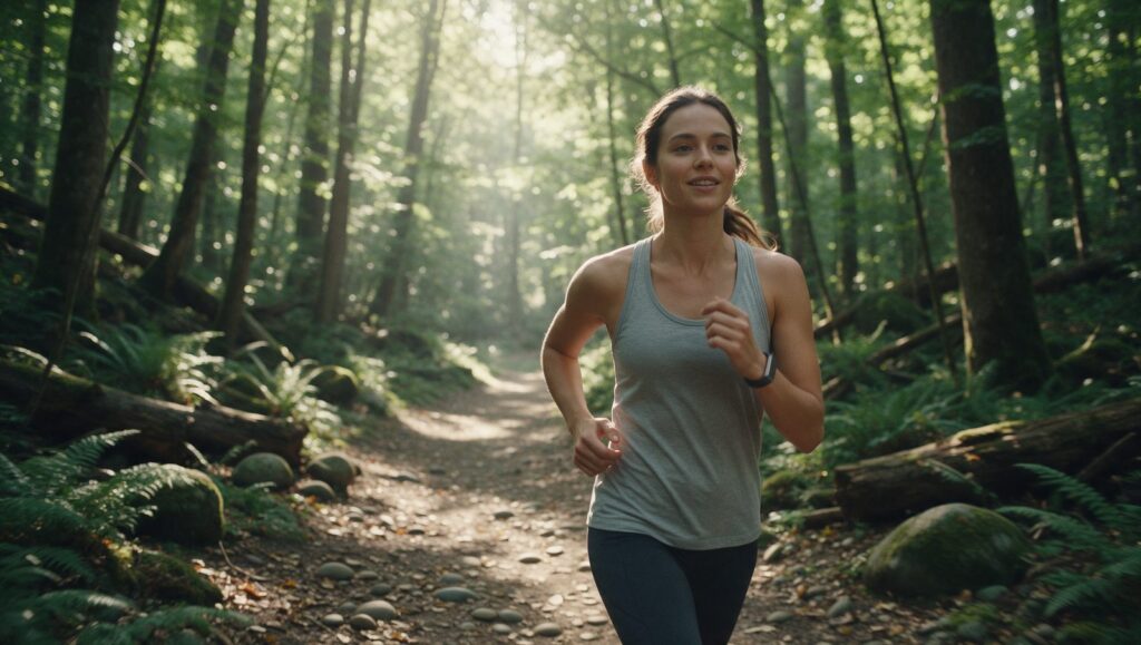 Woman jogging on a forest trail wearing a screenless fitness band