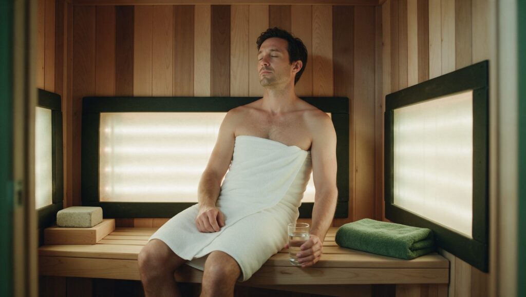 Man in a towel relaxing on the bench of an infrared sauna with glowing panels