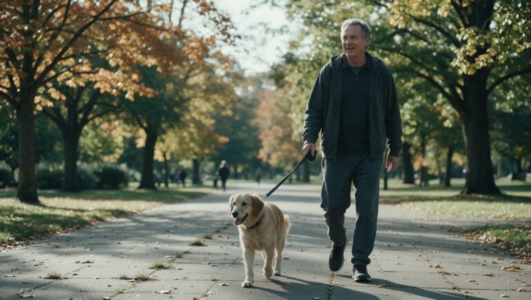 Older man walking a dog on a sunny park path in the morning