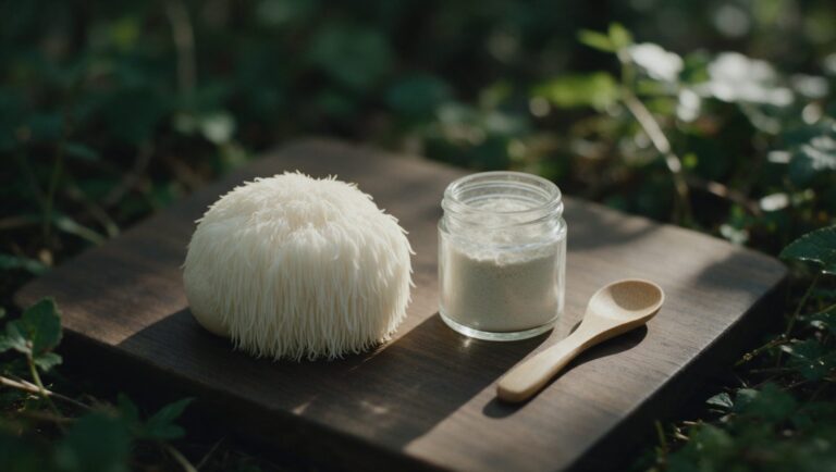 Fresh lion's mane mushroom on a wooden board beside a jar of mushroom powder