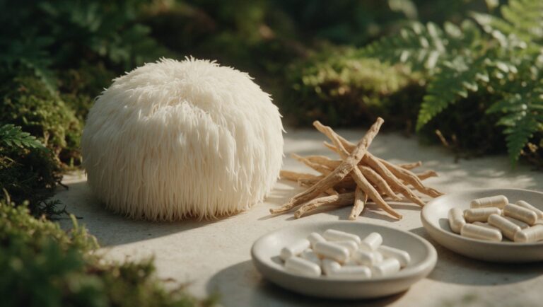 Fresh lion's mane mushroom beside dried ashwagandha roots and two dishes of capsules