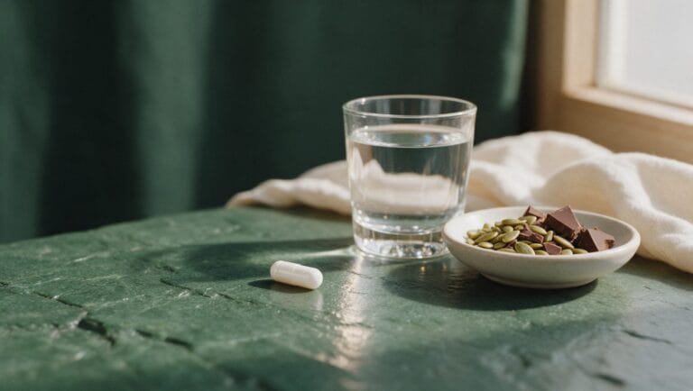 A single white capsule next to a glass of water and a dish of pumpkin seeds and dark chocolate on green stone
