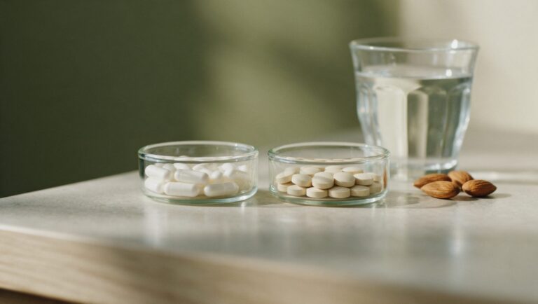 Two glass dishes with white magnesium capsules and round tablets beside a glass of water