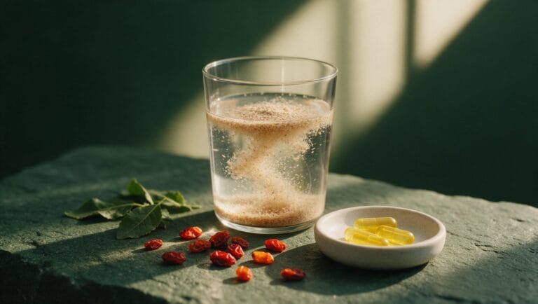 Glass of water with psyllium husk, dried barberries and yellow capsules on dark green stone