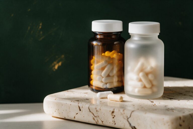 Two plain supplement bottles with capsules, illustrating NMN and NR