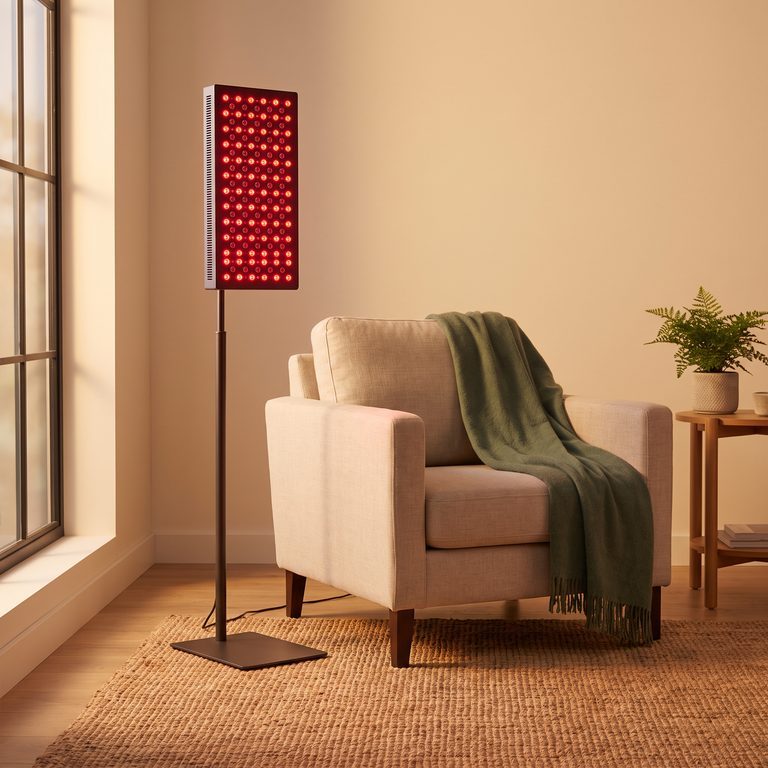 Red light therapy panel on a floor stand beside a reading chair