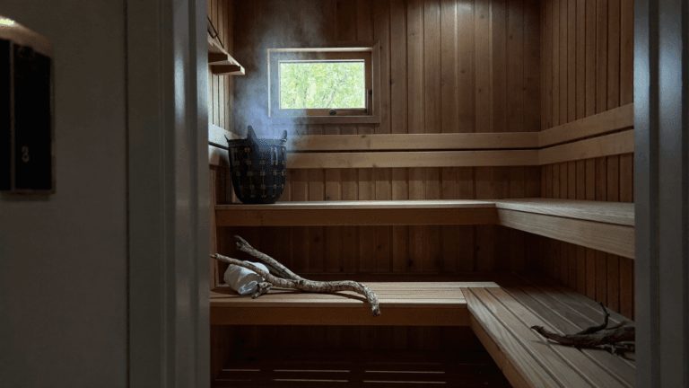 Empty wooden sauna room with benches