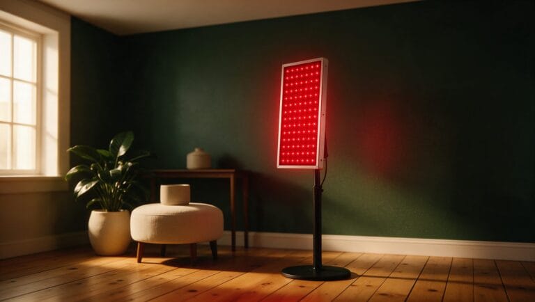 Red LED therapy panel glowing on a stand in a minimalist room with a plant
