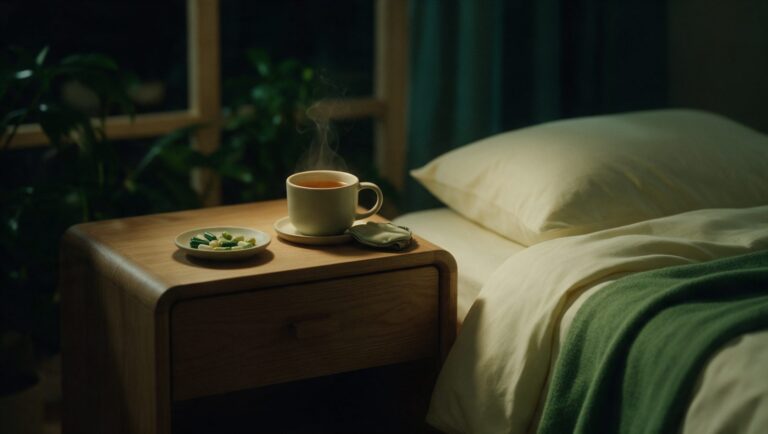 Capsules, a cup of herbal tea and a sleep mask on a nightstand beside a bed