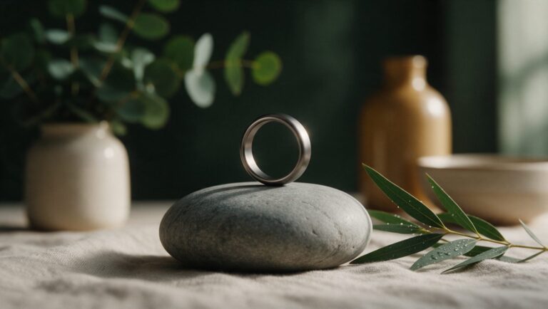 Matte dark titanium ring with no markings standing on a smooth stone beside eucalyptus