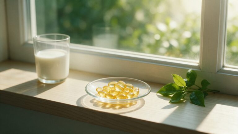 Golden vitamin D softgels in a glass dish on a sunny windowsill beside a glass of milk