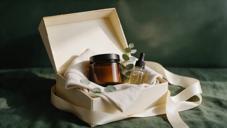 Open cream gift box with folded linen, an amber jar, a dropper bottle and eucalyptus on green linen