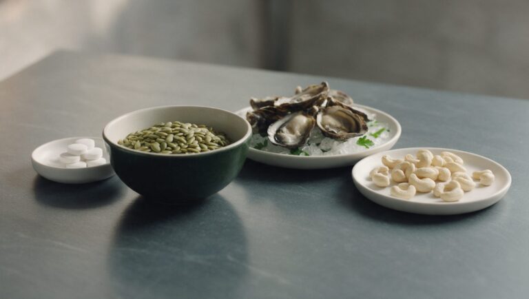 Zinc tablets beside pumpkin seeds, oysters on ice and cashews on a slate table